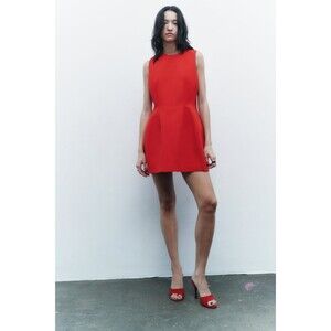 Red Zara Structured Voluminous Round Neck Sleeveless Mini Dress (NWT)